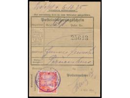 10 Pf. "Rheinland" auf  Einlieferungsschein  für einen Einschreibbrief nach Brasilien, entwertet mit violettem Dienstsiegel  