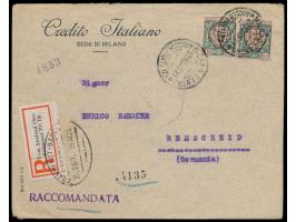 2 x &nbsp;Italien &nbsp;1 L. mit Firmenlochung auf Einschreibbrief mit Stempel Milano 23.10.25 und Nummerator (Selbstbucher) 