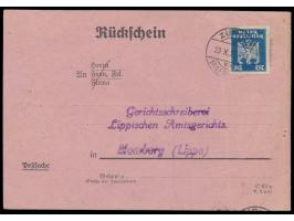 20 Pf. "Neuer Reichsadler" (ein kurzer Zahn) auf  Rückschein  aus der Schweiz zurück an das Amtsgericht Blomberg (Lippe), Ste