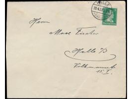 5 Pf. Schiller auf Ortsbrief mit Stempel  Halle (Saale) 2  23.4.27, rückseitig handschriftlicher Vermerk  "Wegen Hochwasser i