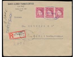 3 x  Bolivien  15 C. auf  Einschreibbrief  der "Banco Aleman Transatlantico" nach Berlin, Stempel  La Paz  22.1.1929, L1 Cert