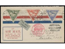 10, 15 und 25 S. Flugpost und 5 S. (rückseitig) auf Luftpost-Vordruckumschlag nach Moskau, Maschinenstempel Riga 10.5.28, rot