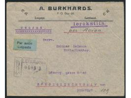 Luftpost-Einschreibbrief von Liepaja 19.5.28 nach Ungarn, rückseitig je drei Flugpostmarken zu 10, 15 und 25 S. (Gesamtfranka