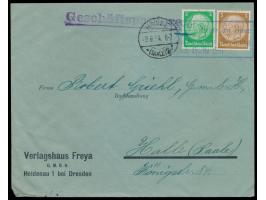 violetter R3 &nbsp;Brief / Karte klebte an einer gleichartigen Sendung nach Halle (S) &nbsp;als Entwertung auf Geschäftspapie