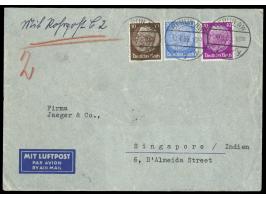 10, 20 und 40 Pfg. Hindenburg portorichtig auf  Luftpostbrief  nach Singapore, mit  Rohrpost  zum Flughafen,   Minutenstempel