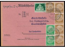 Rückschein  mit verklebter Rückscheingebühr 30 Pf.: 5 x 3 Pf. und 2 x 5 Pf. Hindenburg und 1 x 5 Pf. Gemeindekongress, Stempe