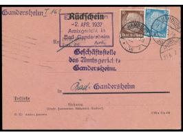 Rückschein  mit verklebter Rückscheingebühr 30 Pf.: 10 Pf. und 20 Pf. Hindenburg, Stempel  Hamburg 36  1.4.37, an das Amtsger