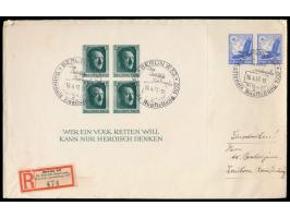 Block "1. Nationale Briefmarkenausstellung ..."  (ungezähnt) mit 2 x 15 Pf. Flugpost auf Einschreibbrief mit Sonderstempel Be
