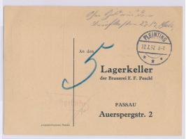 unfrankierte Antwortkarte zum Drucksachentarif nach Passau, handschriftlicher Vermerk  "Ohne Geld aus dem Briefkasten ..." , 