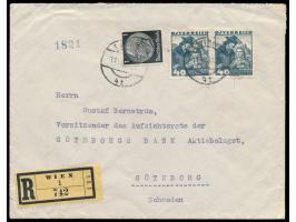Ostmark,  2 x Österreich-Volkstrachten 40 g. (als 27 Pf.) und 1 Pf. Hindenburg auf Auslands-R-Brief mit Stempel Wien 11.8.38 