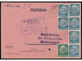 Rückschein  mit verklebter Rückscheingebühr 30 Pf.: 6 x 4 Pf. und 6 Pf. Hindenburg, Stempel  Braunschweig Ankunft  19.8.38, a