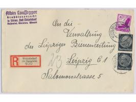 2 x 1 Pfg. Hindenburg und 40 Pfg. Flugpost auf Einschreibbrief nach Leipzig, Absender aus Strau in Kärnten, Stempel und R-Zet