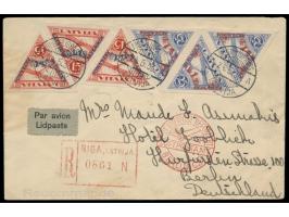 "Aizsargi I"  3 x 15 S. und 3 x 25 S. ungezähnt auf  Luftpost-Einschreibbrief  mit Stempel Riga-Lidpasts 24.5.33 nach Berlin,