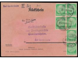 Rückschein  mit verklebter Rückscheingebühr 30 Pf.: 6 x 5 Pf. Hindenburg, Stempel  Braunschweig Ankunft  22.7.39, an das Amts