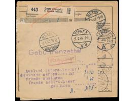 Auslands-Selbstbucher-Paketkarte mit Stempel  Geyer (Erzgeb)  20.2.40 und rotem R1  Taxe percue  via Berlin 22.2.40 nach Kope