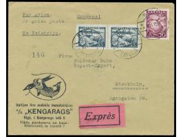 Paar 35 S. "20. Jahrestag der Staatsgründung" mit 20 S. "Erntefest" auf  Luftpost-Expressbrief  nach Schweden, Stempel Riga 1