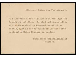 Drucksachenkarte des  Türkischen Generalkonsulats  in München mit Text "Das Konsulat sieht sich nicht in der Lage Ihr Gesuch 