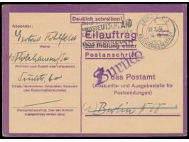 violette  Eilauftrag zur Prüfung einer Postanschrift  mit Maschinenstempel Leipzig C 2 30.3.44 nach Berlin N 58, Anfrage nach
