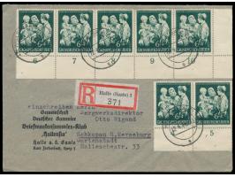 7 x 6 + 4 Pf. "10 Jahre Hilfswerk Mutter und Kind" (Unterrandmarken, 1 x mit Ecke) auf Einschreibbrief mit Stempel Halle (Saa