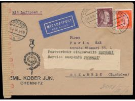 Luftpostbrief zum Europatarif nach Bukarest, Frankatur 8 Pf. und 15 Pf. Hitler (1 Pf. überfrankiert), Stempel Chemnitz 18.8.4