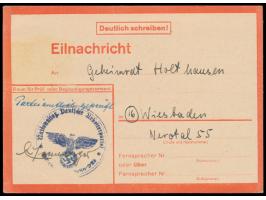 Eilnachrichtenkarte "Lebenszeichen von ..."   mit aus Bonn nach Wiesbaden,  NSDAP-Dienstsiegel  und handschriftlich  "Parteia