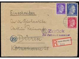 6, 12 und 25 Pf. Hitler (letztere kleine Mängel) auf  Einschreibbrief  mit Stempel Tente (Rheinland) 17.11.44, Absender aus W