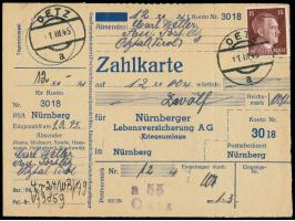 15 Pfg. Hitler auf  Zahlkarte  auf 12 RM   mit Stempel und Bezirksstempel  Oetz  1.3.45. an das Postscheckamt Nürnberg, Bedar