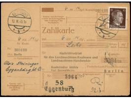 10 Pfg. Hitler auf  Zahlkarte  auf 6 Rentenmark mit Stempel und Bezirksstempel  Eggenburg  12.3.45 an das Postscheckamt Berli