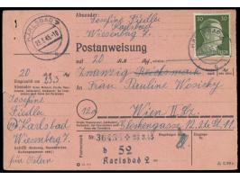 Einzelfrankatur 30 Pf. Hitler auf  Postanweisung  auf 20 RM mit Stempel  Karlsbad 2  23.3.45 nach Wien, erst nach Kriegsende 
