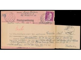 Einzelfrankatur 40 Pf. Hitler auf  Postanweisung  auf 50 RM mit Stempel  Karlsbad-Fischern  26.3.45 nach Wien, erst nach Krie
