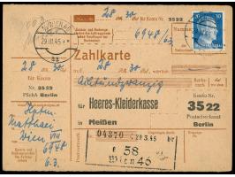20 Pfg. Hitler auf  Zahlkarte  auf 28 RM   mit Stempel und Bezirksstempel Wien 29.3.45 an das Postscheckamt Berlin, Bedarf
St