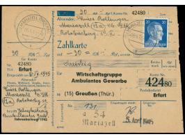 20 Pfg. Hitler auf  Zahlkarte  auf 30 RM   mit Stempel und Bezirksstempel  Mariazell  5.4.45 an das Postscheckamt Erfurt, Bed