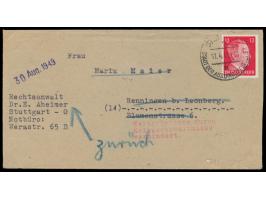 12 Pf. Hitler auf Brief mit Stempel  Stuttgart 9  11.4.45 nach (14) Renningen bei Leonberg,  "überrollt"  und 1949 freigegebe