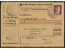 15 Pfg. Hitler auf  Zahlkarte  auf 12 RM mit Stempel und Bezirksstempel  Bad St. Leonhard  26.4.45. an das Postscheckamt Hamb