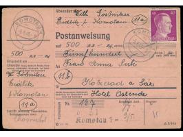2 x 40 Pf. Hitler (1 x rückseitig) auf  Postanweisung  auf 500 RM mit Stempel  Komotau 1  3.5.45 nach (11b) Kotzerad, seltene