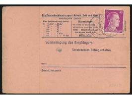 2 x 40 Pf. Hitler (1 x rückseitig) auf  Postanweisung  auf 500 RM mit Stempel  Komotau 1  3.5.45 nach (11b) Kotzerad, seltene