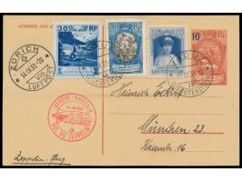 Schweizfahrt LZ 127:  Ganzsache 10 Rp. auf 25 Rp. mit drei verschiedenen Marken zu 30 Rp., Stempel Vaduz 12.9.30, roter Bestä