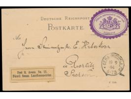 Postkarte mit ockergelbem Aufkleber  "Frei lt. Avers. No. 11 / Fürstl. Reuss. Landbaumeister"  (mit Punkt hinter Avers, im Th