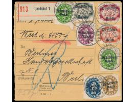 Bayern-Abschiedsausgabe 2 x 5, 20, 30, 40 (kleiner Eckfehler) Pf., 1 1/2, 3 und  5 Mark  auf  Paketkarte  mit Wertangabe 4000