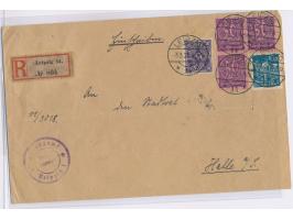 Mischfrankatur 3 x Dienstmarke 50 M. mit 20 M. Posthorn und 10 M. Schnitter auf  Einschreibbrief  3. Gewicht (über 100 g) des