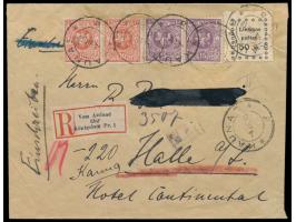 Kaunas-Ausgabe  50 sk mit Wappen 2 x 10 sk und 2 x 15 sk auf Einschreibbrief nach Deutschland, Stempel  Kaunas  4.7.19, hands