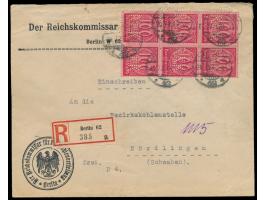 Sechserblock Dienstmarke 100 M., jede mit  Lochung "R.K.K.",  auf Einschreibbrief mit Stempel  Berlin W 62  20.7.23 nach Nörd