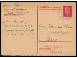 Ganzsachen-Doppelkarte 15 Pf.  gezähnt  mit Stempel  Nürtingen  9.2.34 in die Schweiz, langer Bedarfstext, Antwortteil hängt 