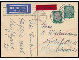 Ganzsache 6 Pf. Hindenburg mit Zusatzfrankatur 50 Pf. Hindenburg als portorichtige  Luftpost-Eilboten-Postkarte,  Stempel Fra