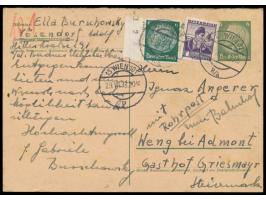 Ostmark, &nbsp;Ganzsachen-Frageteil 6 Pf. Hindenburg mit Zusatzfranktur 6 Pf. Hindenburg (als 9 g) und Österreich 1 g Volkstr