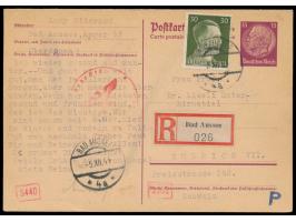 Ganzsachen-Doppelkarte 15 Pf. Hindenburg mit Zusatzfrankatur 30 Pf. Hitler als  Einschreiben  in die Schweiz, Stempel  Bad Au