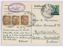 Sonderganzsache 6 Pf. mit Zusatzfrankatur 3 x 3 Pf. Hindenburg  nach Niederländisch-Indien,  Sonderstempel  Eger - Tag des De