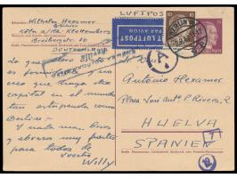 Ganzsache 15 Pf. Hitler mit Zusatzfrankatur 10 Pf. als Luftpostkarte nach Spanien,  Stempel  Berlin W 9  9.9.42, Zensurstempe