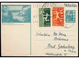 Bildganzsache 15 C.  mit Bild Birstonas, Zusatzfrankatur  Nationale Sportspiele  5 C. und 15 C., nach Deutschland, Stempel  K