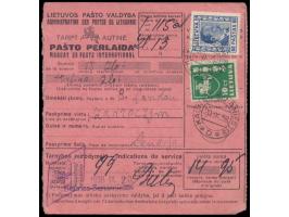 10 C. Wappen und 60 C. Smetona auf  Internationaler Postanweisung  auf 13 Zl. nach Polen, Stempel  Kaunas - Semamiestis  20.9